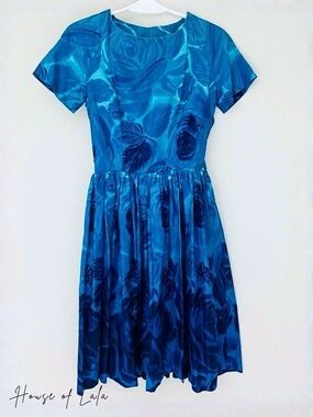 1950s Blue Day Dress Full Skirt. Midi Tea Dress, Wedding Guest, Modest, Feminine